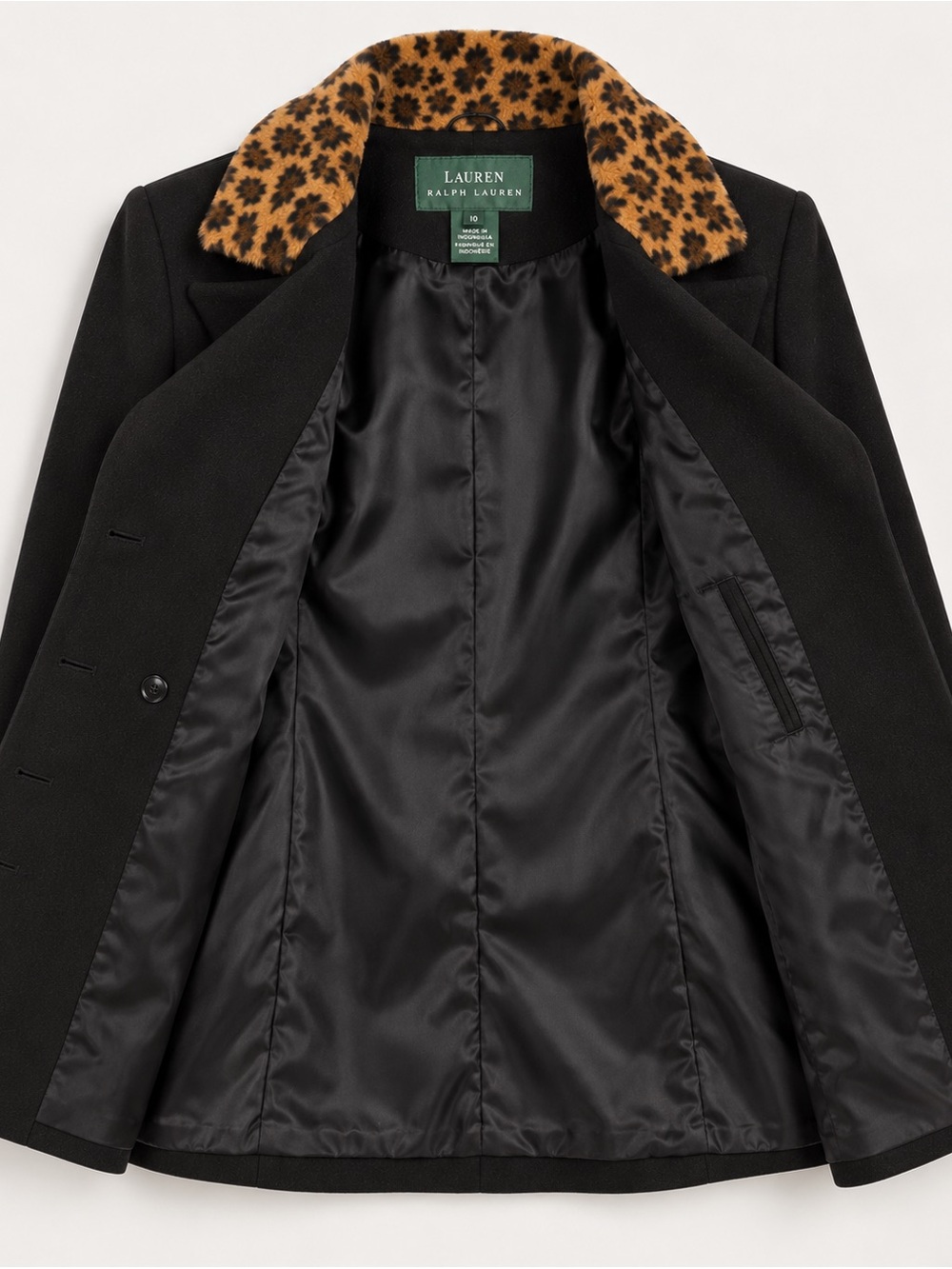 Lauren Ralph Lauren Black Double Breasted Blazer Leopard Faux Fur Collar Size 10 - Picture 5 of 5